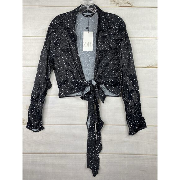 Zara Womens Top Size L Black Animal Print Satin Tie Open Front Long Sleeve NWT - Picture 1 of 9